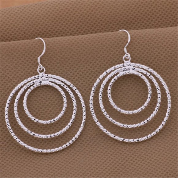 Gorgeous 3 Circles Hanging Earrings, Solid Sterling Silver "Hypoallergenic" - Picture 5 of 9